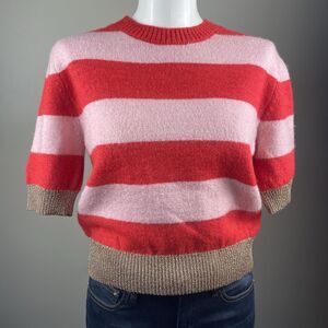 Topshop Women’s Size 6 Pink Red Candy cane Striped Short Sleeve Sweater Preppy